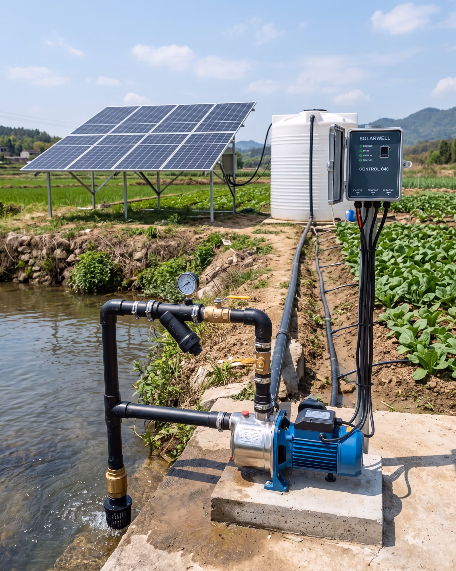 Installed solar water pumping system with photovoltaic panels, surface pump, controller, storage tank and irrigation pipework