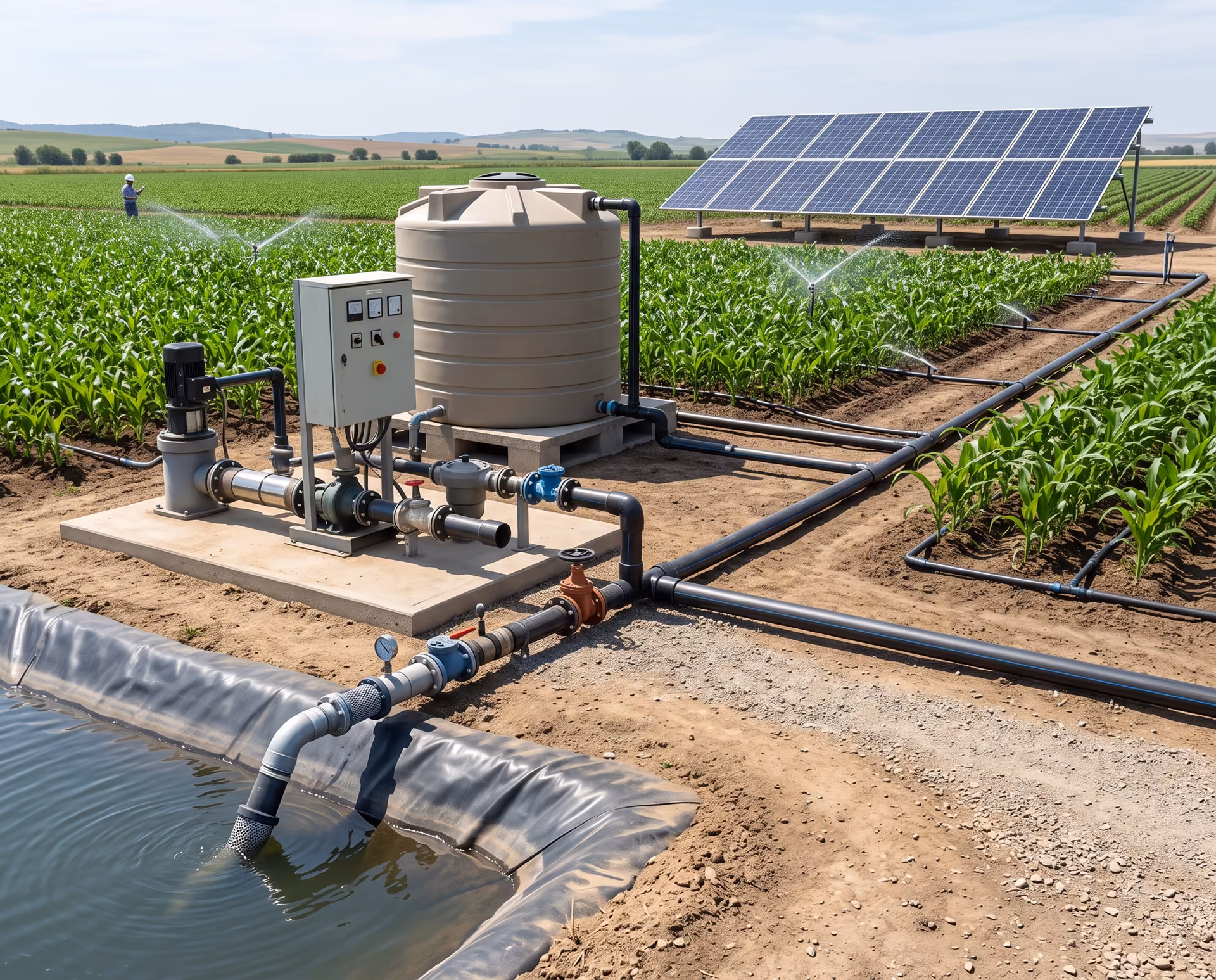 Integrated solar water pumping system with solar panels, water storage and irrigation pipework serving farmland