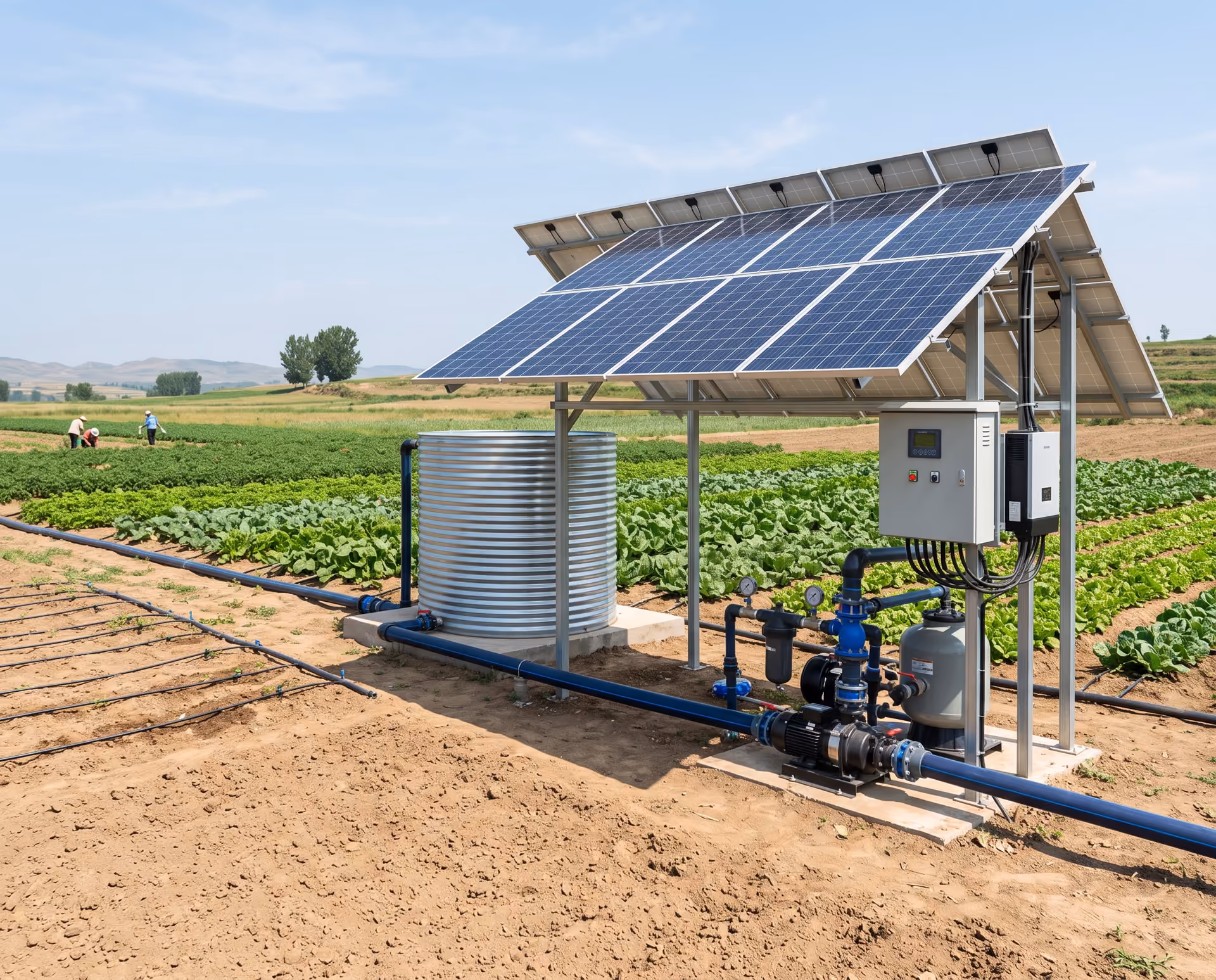 Solar water pumping system with solar panels, water storage and irrigation pipework serving farmland