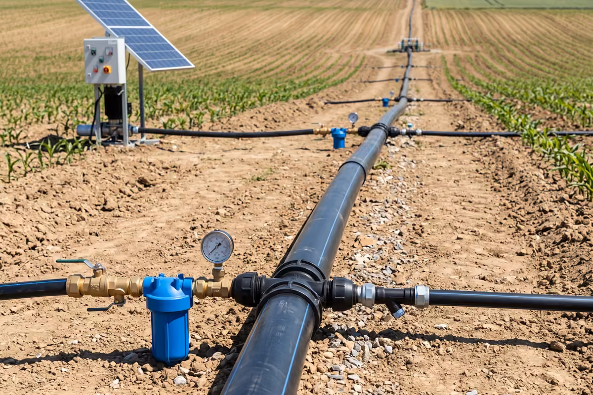Farm irrigation delivery pipe with valves, fittings and pressure control equipment