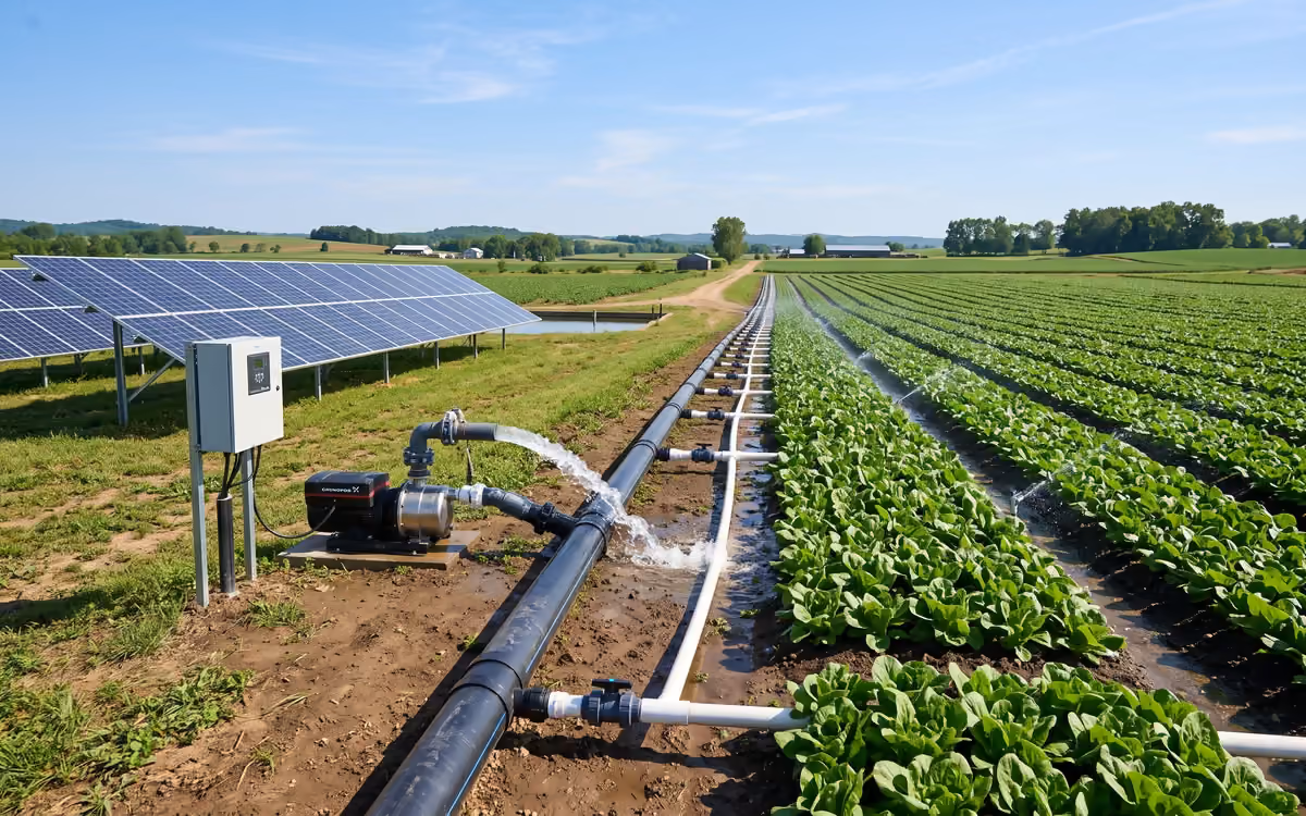 Solar water pump supplying a farm irrigation zone directly from photovoltaic panels
