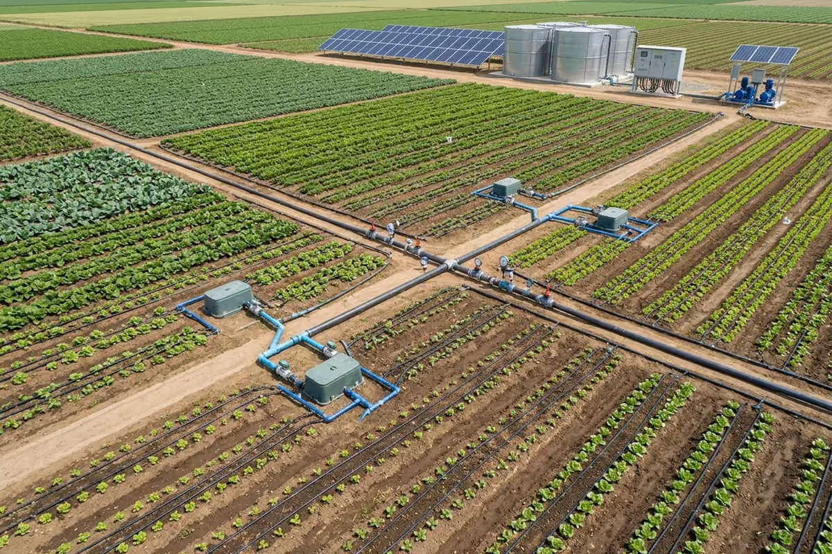 Planned crop irrigation zones with drip lines and a solar water pumping system