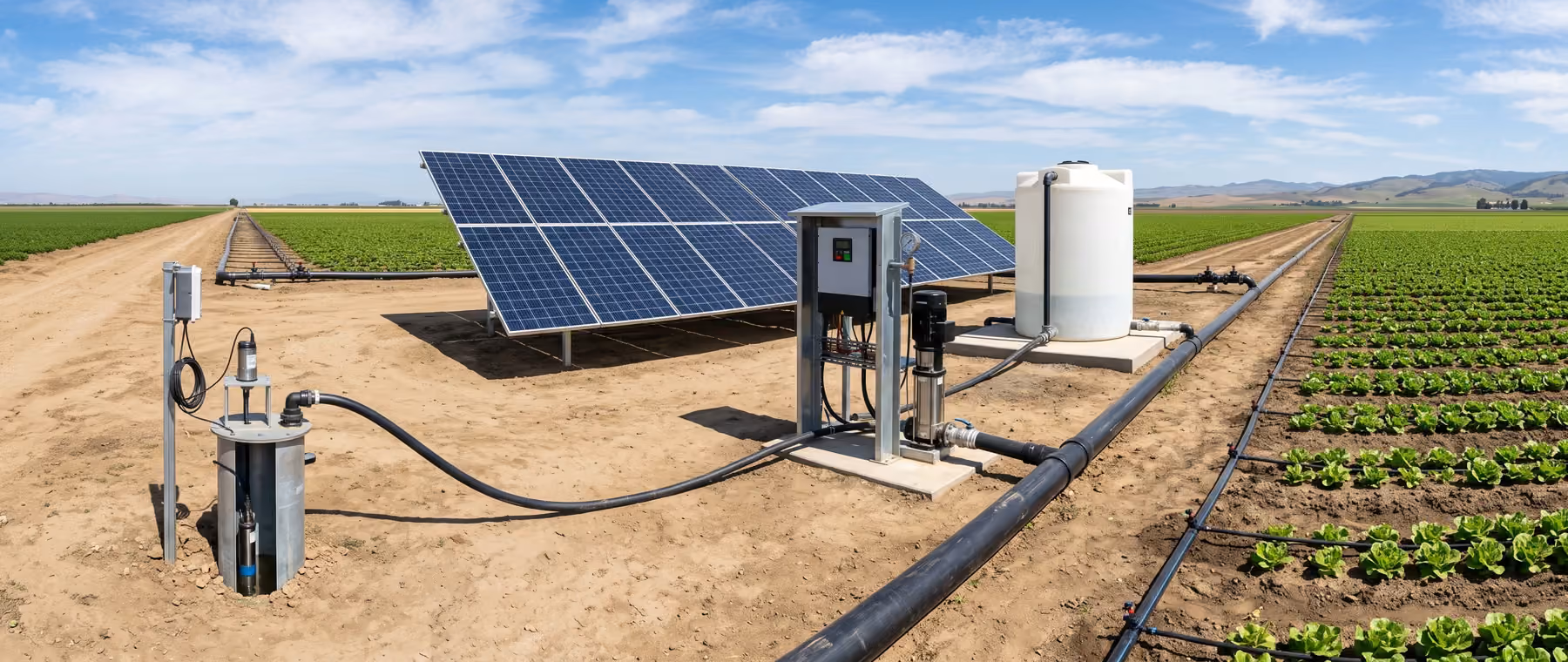 Solar irrigation system field survey showing water source, pump, solar array, delivery pipe and irrigated crops