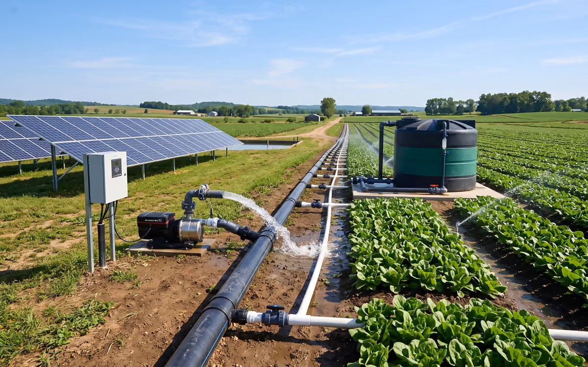 Solar water pump filling a farm storage tank from photovoltaic panels