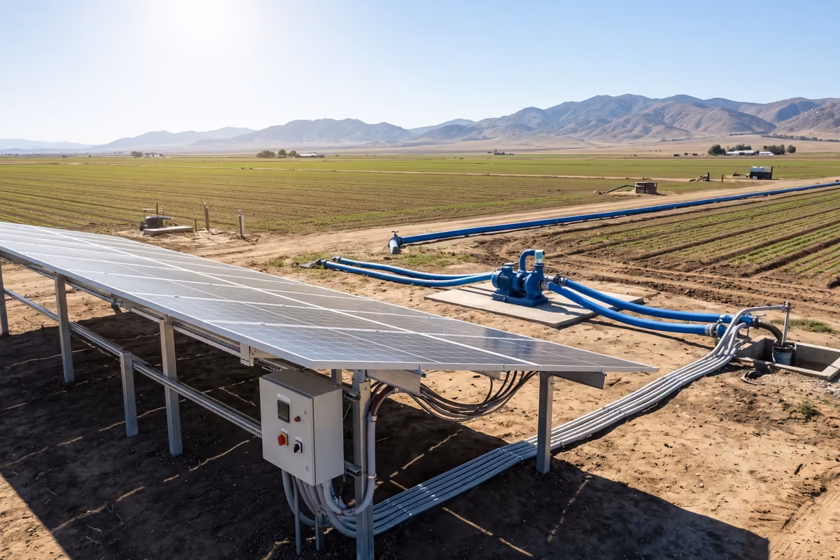 Solar array, controller and pump installation site on an open agricultural field