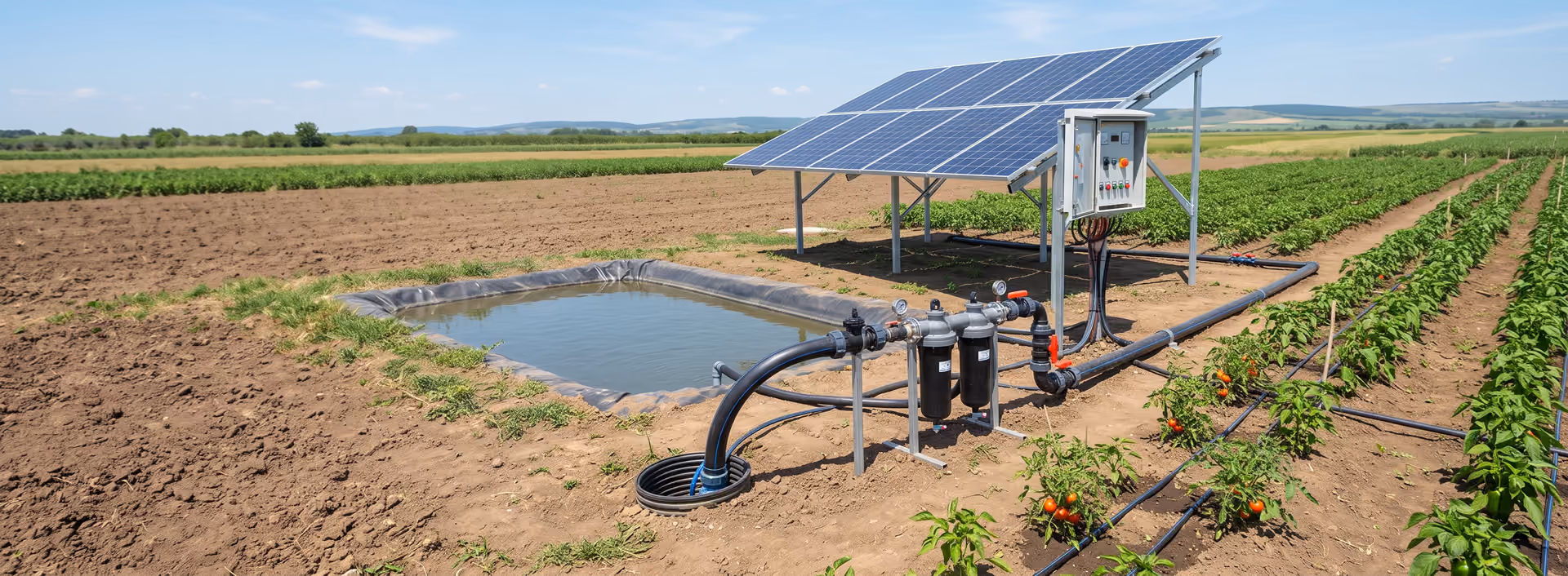 Solar agricultural irrigation system with photovoltaic panels, controller, farm pond, filtration and drip-irrigated crops