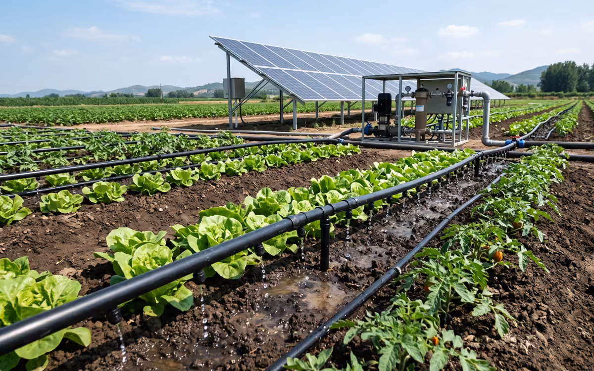 Solar water pump supplying filtered drip irrigation to cultivated crop rows