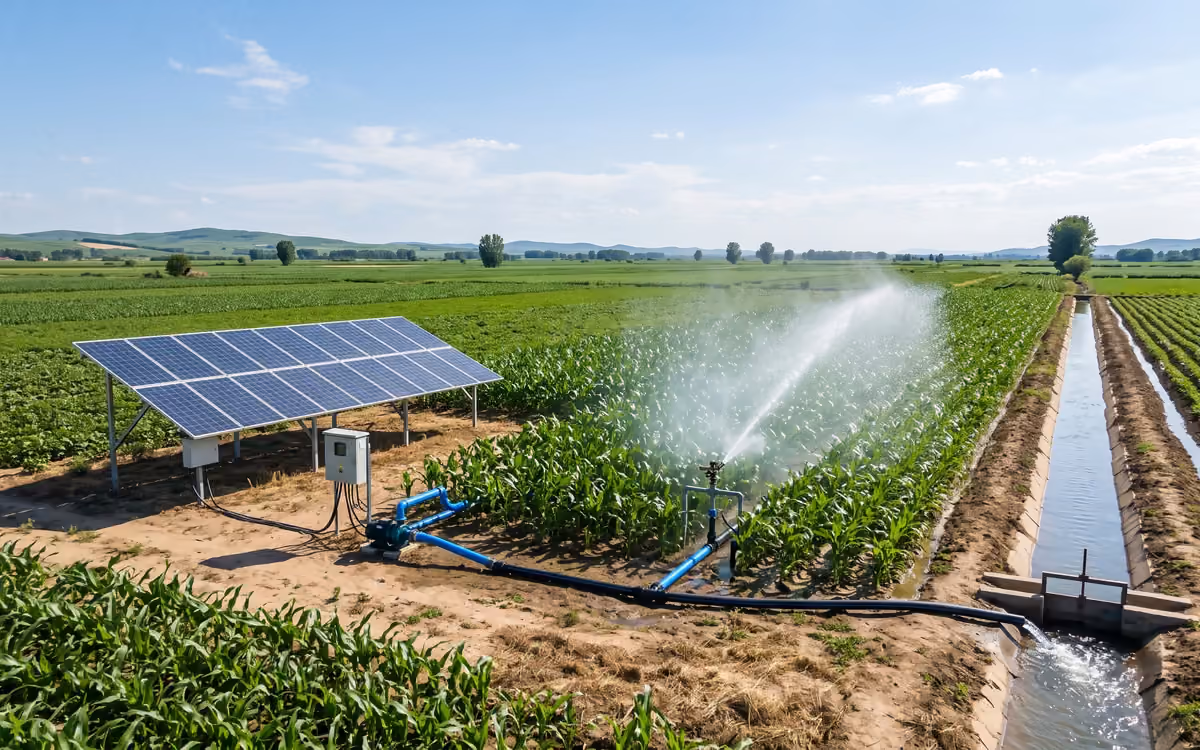 Solar water pump supplying farm sprinklers or an open irrigation channel