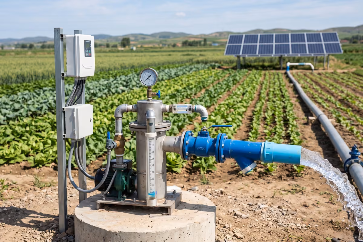 Solar irrigation water source with a wellhead, pump controller and delivery pipe