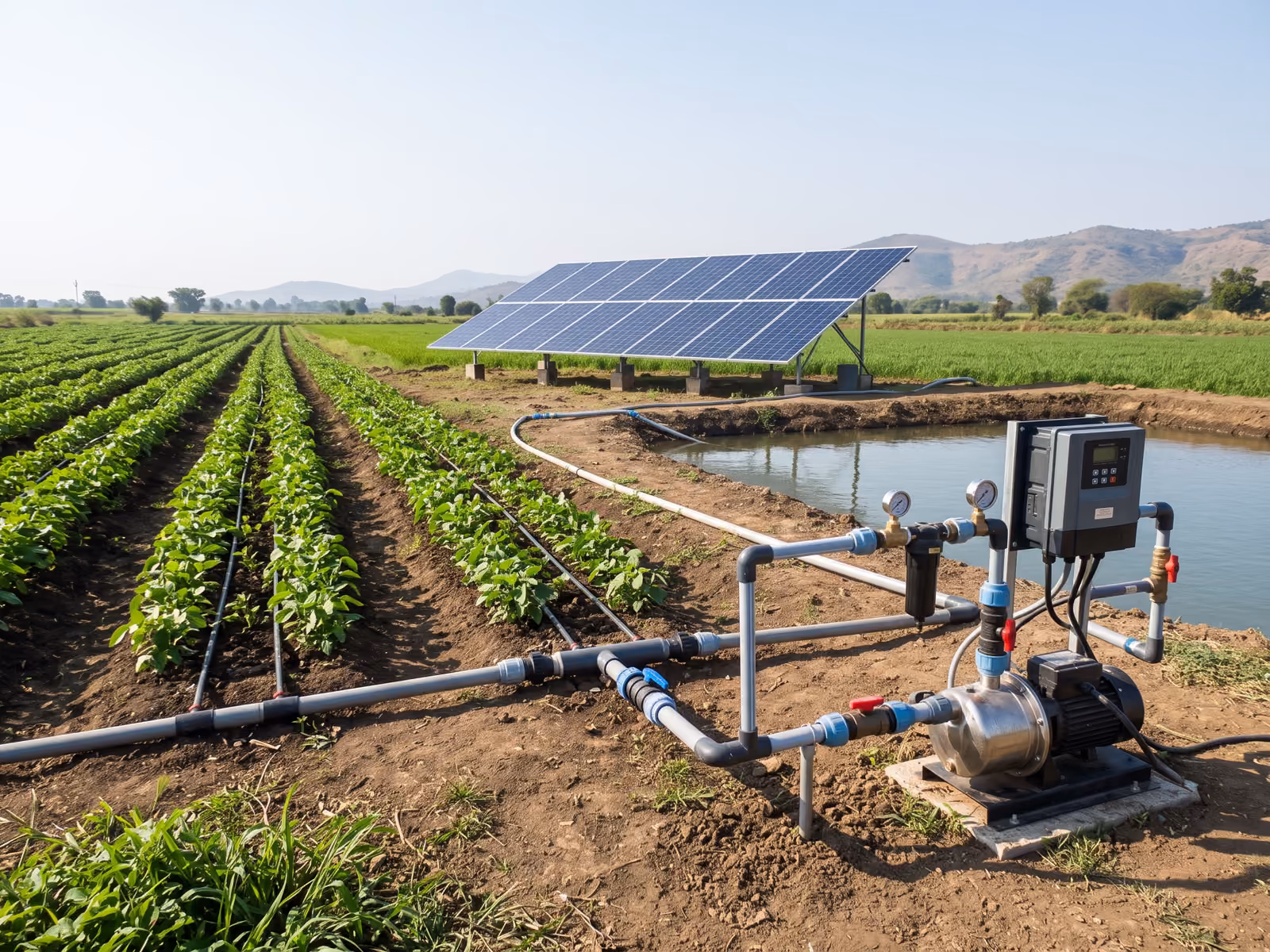 Rakour solar water pumping system with a surface pump, controller, solar array and irrigation pipework beside a farm water source