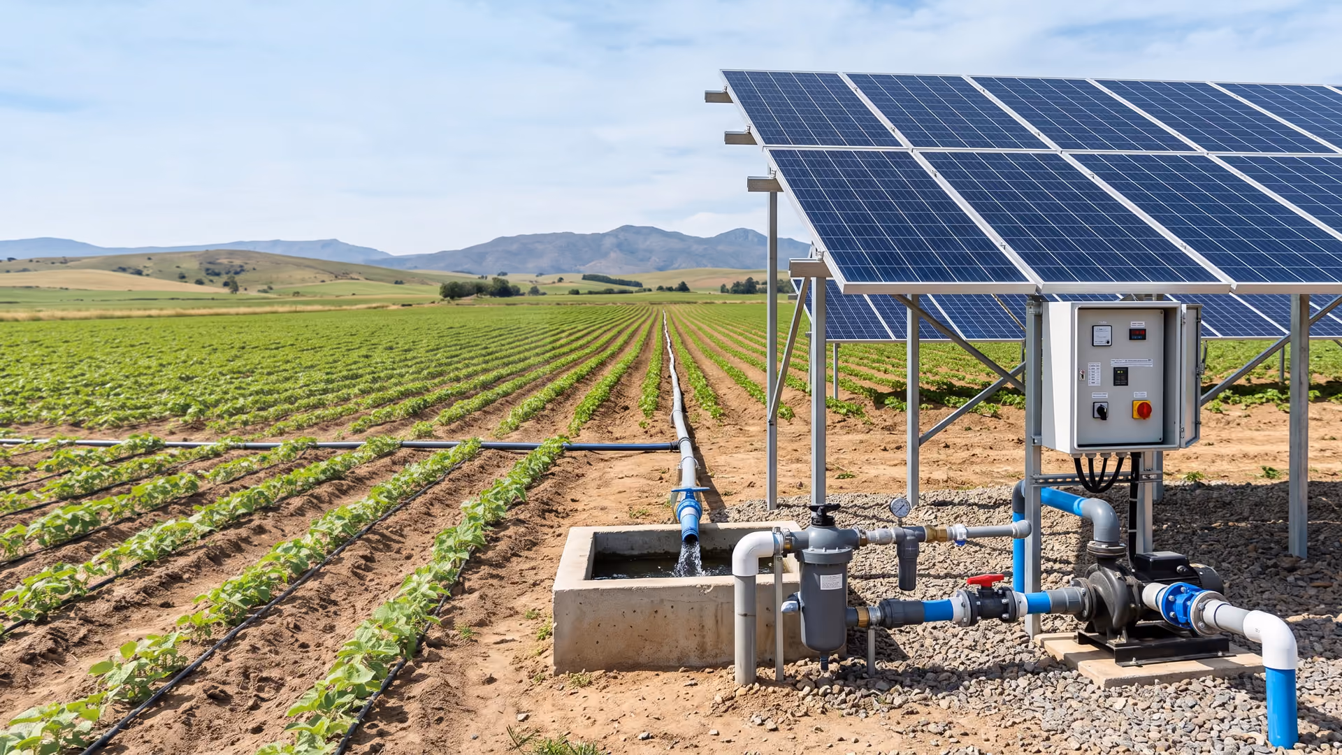 Rakour solar pumping and irrigation system with photovoltaic panels, controller, surface pump and water-delivery pipes in a crop field