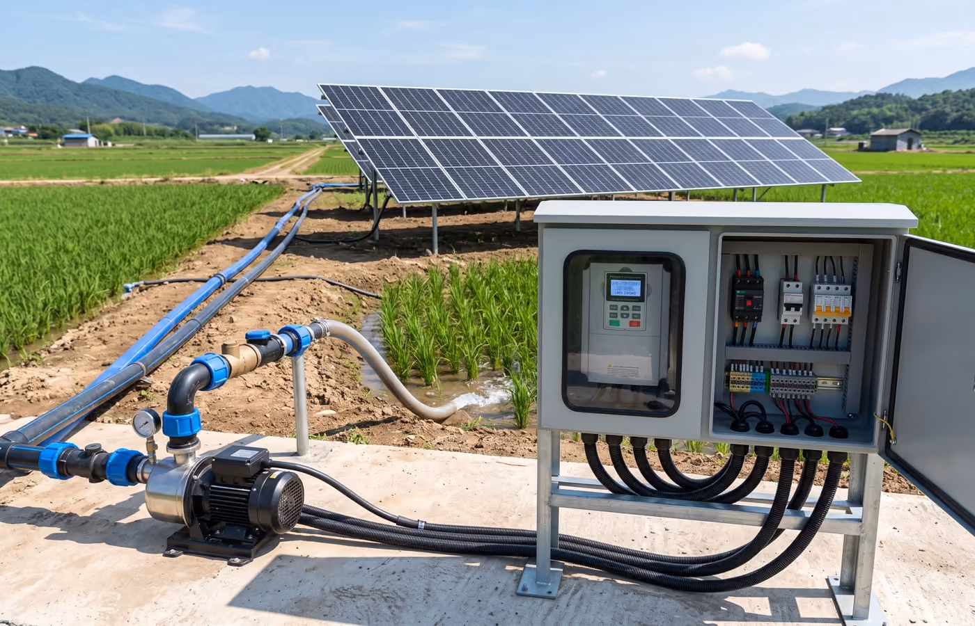 Solar water pump, controller and photovoltaic array installed for field irrigation