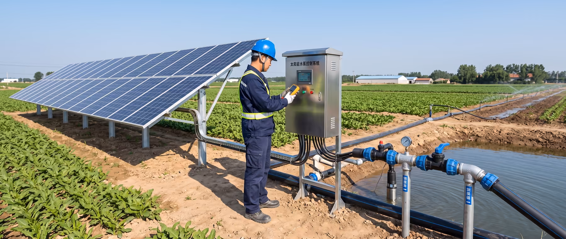 Engineer inspecting a solar water pumping system with photovoltaic panels, a controller and irrigation pipework in a crop field