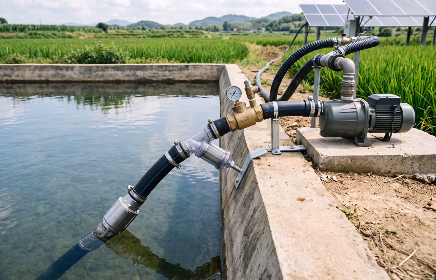Solar water pump drawing water from an agricultural canal through an intake filter and pipework