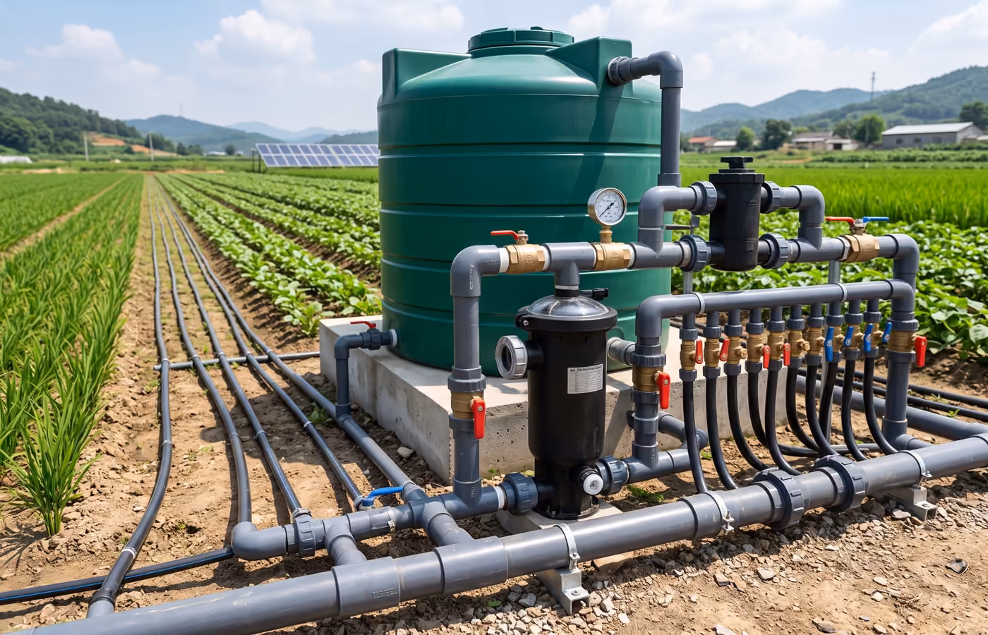 Water storage tank with filters, valves and irrigation distribution lines in an agricultural field