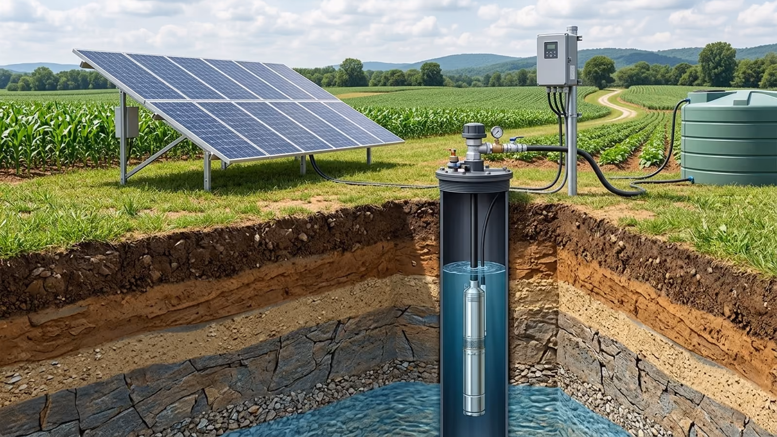 Solar submersible pump installed in a groundwater well with solar panels, controller and storage tank