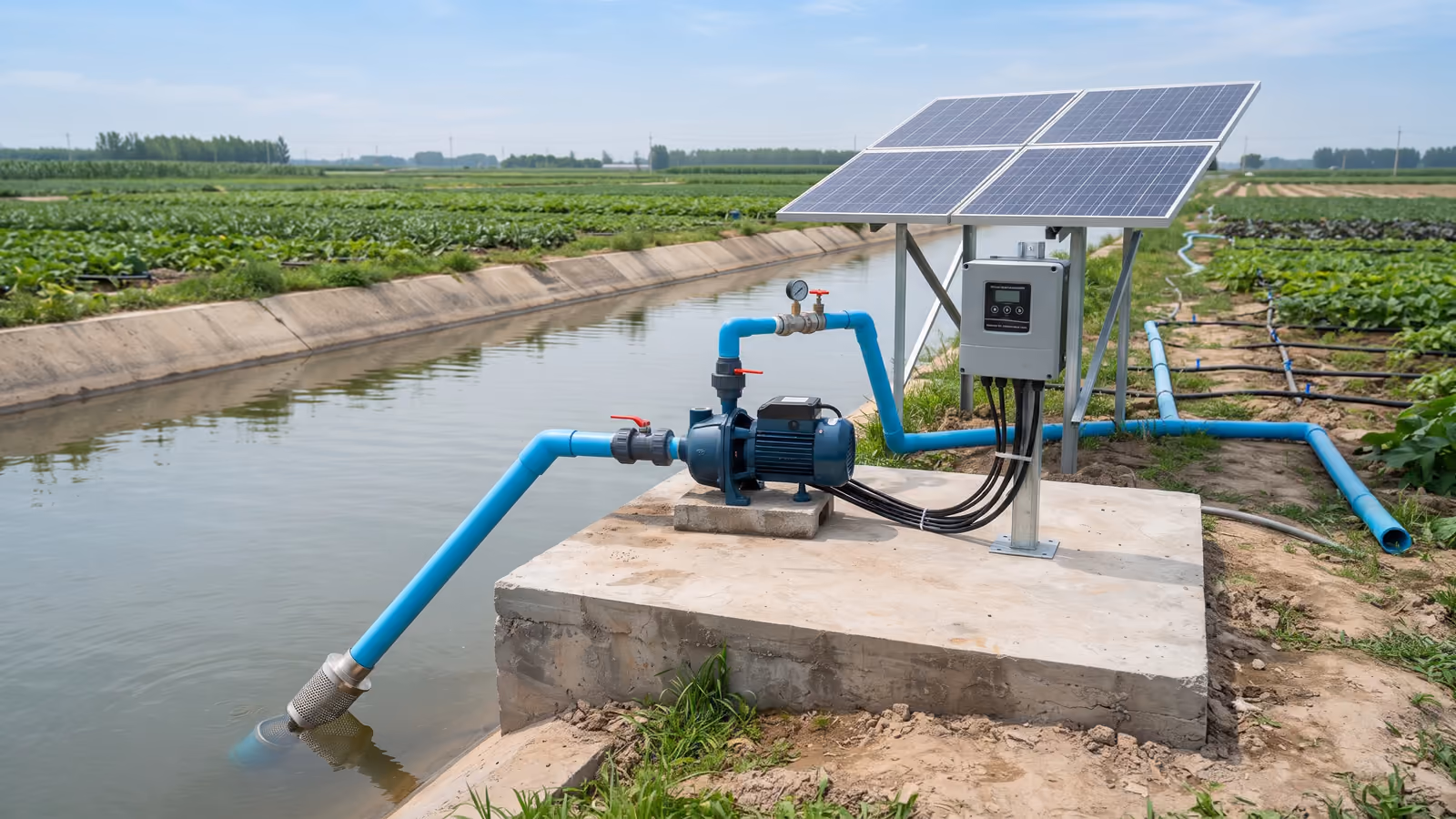 Solar surface pump drawing water from an irrigation canal with solar panels controller and delivery pipes