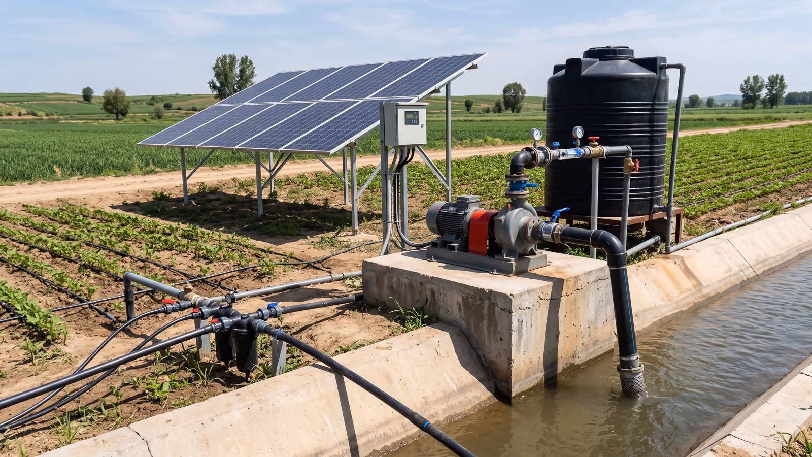 Solar surface pump supplying drip irrigation from a canal with solar panels, controller and storage tank